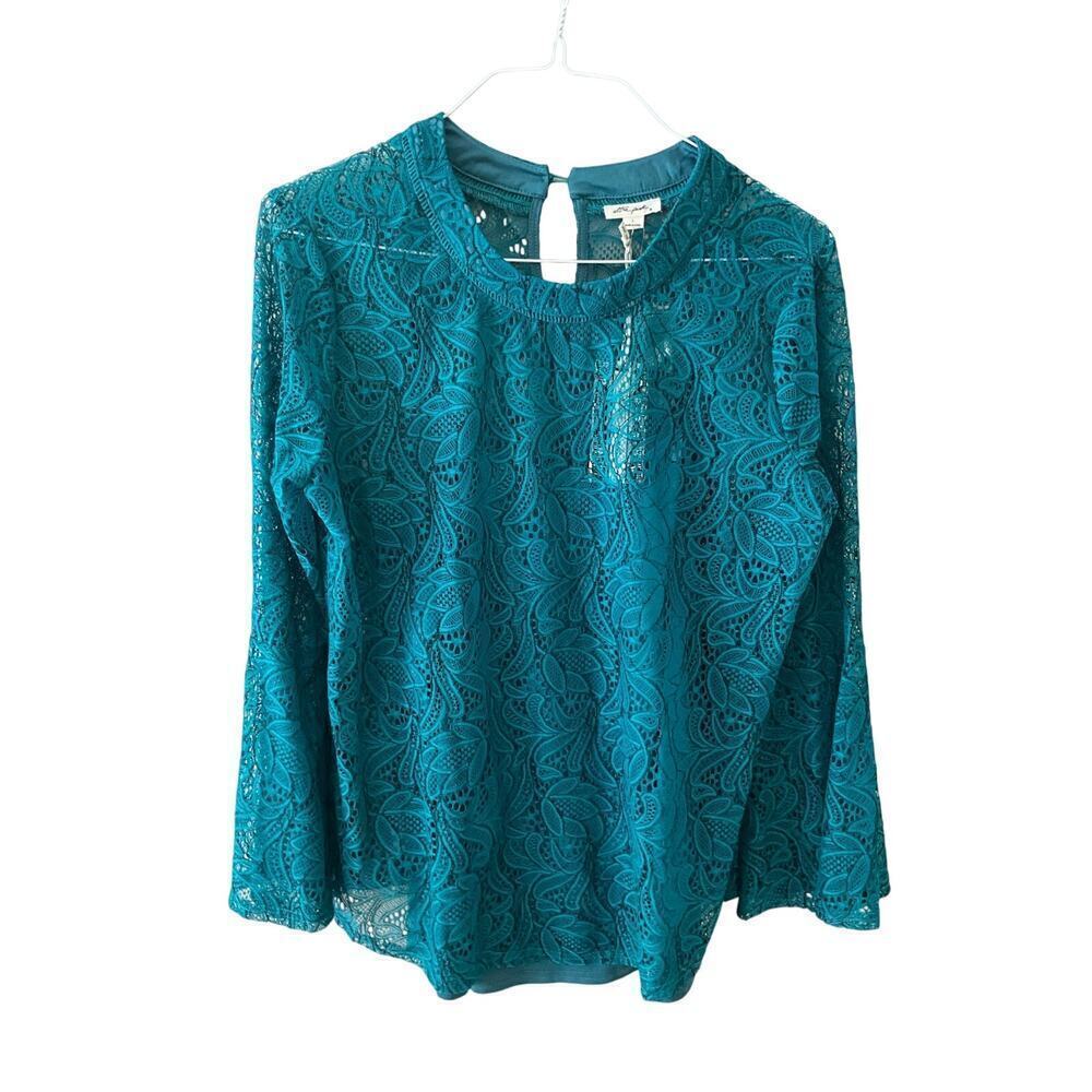 Ultra Pink Womens Floral Lace Top Blouse Flare Sleeve Sheer Green Size Large NWT